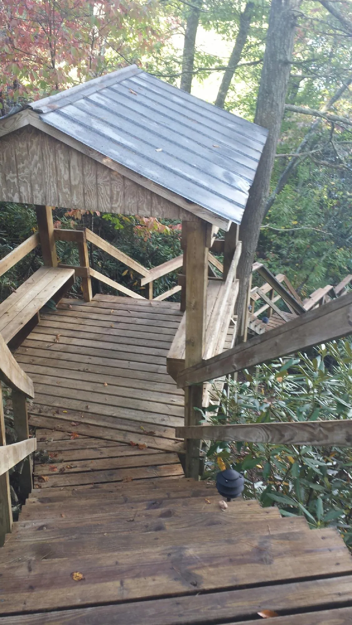 Metal roofed shelter over wooden steps on a wooded walkway — Skylight Repair & Installation work by our crew in Rigby